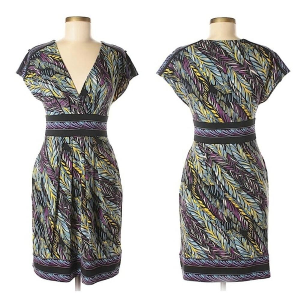 BCBGMaxAzria Blue & Purple  Multi Feather Print Dress Sz Small